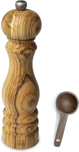 Peugeot Paris Olivier - Molinillo de pimienta de madera de olivo, con cuchara de madera (9 pulgadas, molinillo de pimienta con cuchara)