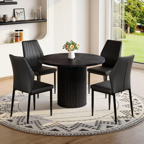 Miniatura 5 de Mesa de comedor redonda para 4-6, mesa de comedor negra con tablero de madera de 42'' y base de pedestal cilíndrico, mesa de cena redonda