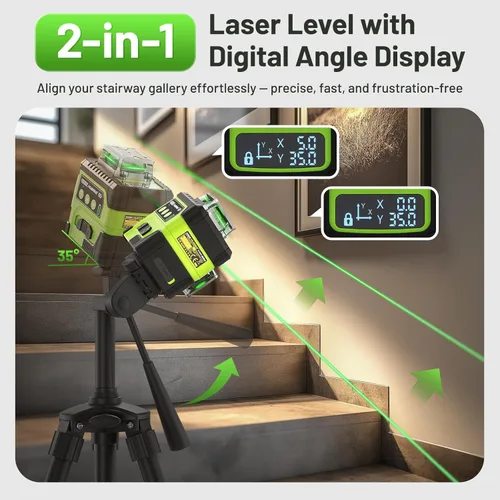 Miniatura 3 de Huepar Nivel láser con pantalla de ángulo digital, 3 x 360° autonivelante de alto brillo, 12 líneas cruzadas verdes láser para construcción y colgar