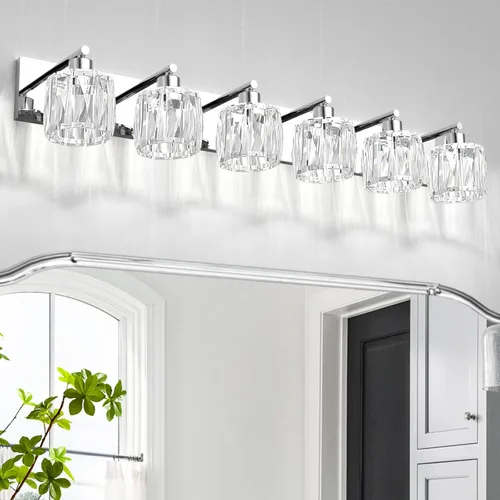 Miniatura 17 de VOLISUN Luces de tocador de cristal – 4 luces modernas de acero inoxidable para baño sobre espejo, acabado cromado – Certificado UL