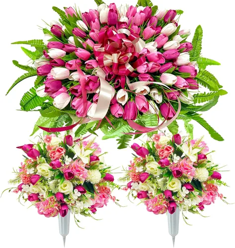 Miniatura 10 de FLOWERIA Silla de Flores para Lápida Flores de Cementerio para Tumba - Tulipanes Artificiales Rosas Flores de Condolencia para Decoración de Sitio