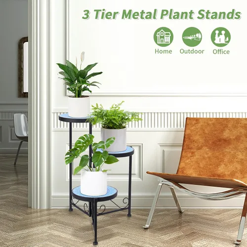 Miniatura 4 de Soporte de cerámica de mosaico de 3 niveles para plantas, soporte plegable de hierro forjado, no requiere montaje, estante para plantas de ahorro