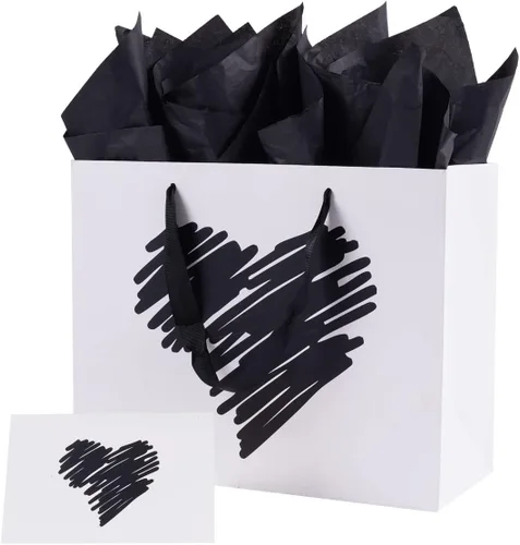 Miniatura 8 de ysmile Pequeña bolsa de regalo negra con papel de seda para hombres, fiesta de cumpleaños, aniversario, día del padre, 7.8 pulgadas, corazón dorado