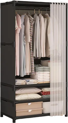 Armario portátil para colgar ropa, armario de estilo japonés, perchero con 1 varillas para colgar, 2 estantes de almacenamiento, 27.5 pulgadas de