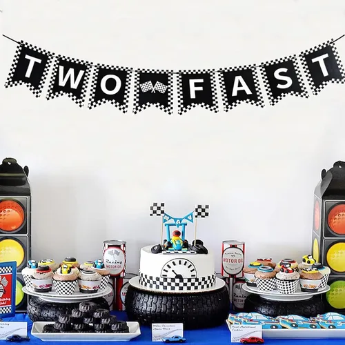 Miniatura 3 de Cartel de dos rápidos, decoración de dos cumpleaños rápidos, dos banderas rápidas, decoración de segundo cumpleaños de autos de carreras, suministro