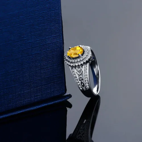 Miniatura 78 de Anillo de compromiso con halo de piedra preciosa y piedra natal en plata chapada en oro amarillo de 18 quilates, ovalado, 0.236 x 0.157 pulgadas