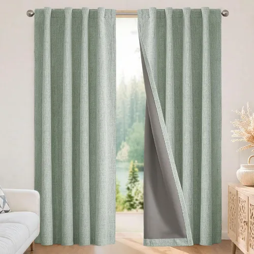 Miniatura 20 de Joydeco - Cortinas 100% opacas, 2 paneles de lino natural para oscurecer habitación, aislamiento térmico, trabillas traseras y bolsillo para barra