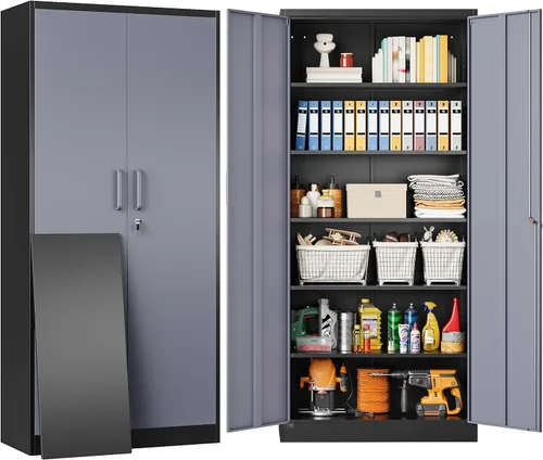 Miniatura 19 de SISESOL Armario de almacenamiento de metal de 36 pulgadas con puertas y estantes, pequeño armario de almacenamiento de garaje con cerradura, Negro