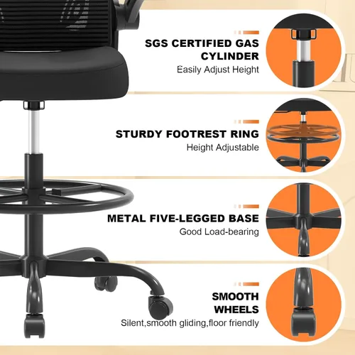 Miniatura 9 de Silla de Dibujo Ergonómica, Silla de Oficina Alta con Reposabrazos Abatibles, Silla de Escritorio Alta de Malla Transpirable con Soporte Lumbar