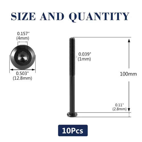 Miniatura 2 de M6 x 100mm 10 piezas de tornillos de cabeza plana con casquillo hexagonal, acero inoxidable 304 18-8, rosca parcial, óxido negro de SG TZH
