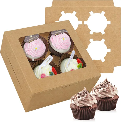 Miniatura 10 de Juego de 10 cajas para cupcakes a granel con ventana transparente para 4 cupcakes estándar, contenedor desechable de grado alimenticio rojo