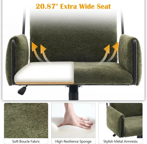 Miniatura 4 de Rowill Silla de oficina moderna, silla de escritorio giratoria, tela Green Boucle, altura ajustable, capacidad de 300 libras, ruedas, reposabrazos