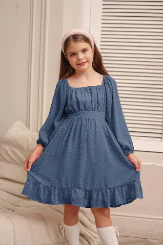 Miniatura 2 de GRACE KARIN Vestido escalonado con volantes para niñas, vestido acampanado de manga larga con lunares suizos, 6-14 años