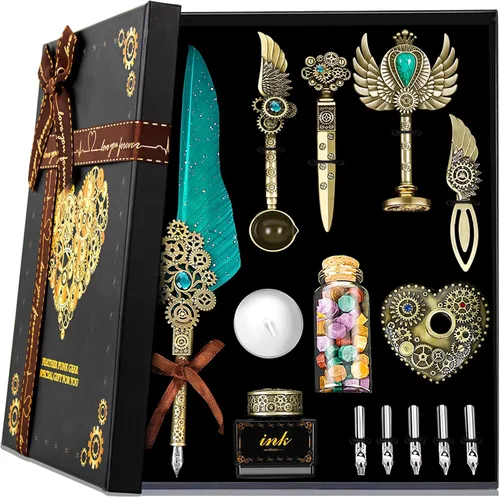 Aifeiter Juego de tinta de pluma, bolígrafo de caligrafía de plumas, sello de cera, hermoso juego de caligrafía de regalo, regalos de Navidad, color