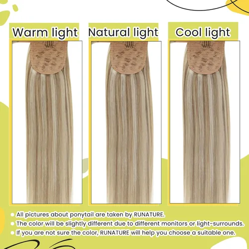 Miniatura 8 de RUNATURE - Extensión de cola de caballo de cabello humano Remy con pinzas y cinta mágica, 1 pieza de extensiones de cabello largo, color castaño