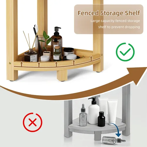 Miniatura 6 de Taburete de ducha esquinero de bambú de 2 niveles para afeitar piernas, banco impermeable con estante de almacenamiento y jabonera, reposapiés