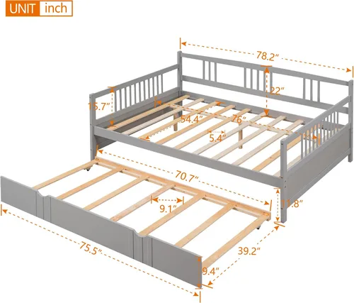 Miniatura 2 de Merax Sofá cama con cama nido, soporte de listones de madera, sofá cama moderno para sala de estar con rieles, tamaño completo, gris