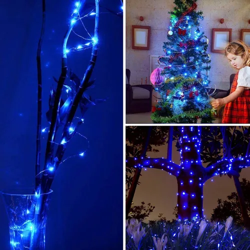 Miniatura 5 de RUICHEN Luces de Hadas de Alambre Plateado Enchufables de 33 Pies, Cadena de 100 Luces LED con Carrete, Azul Waterproof, Silver Coated Copper Wire
