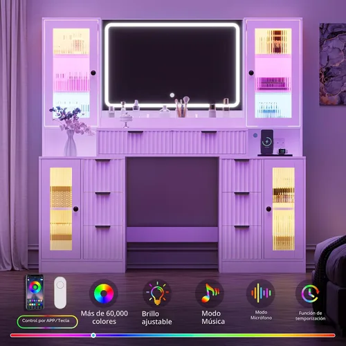 Miniatura 2 de Escritorio de maquillaje estriado con espejo y luces, tocador superior de cristal de 55 pulgadas con 8 cajones y 4 gabinetes de vidrio RGB, estantes