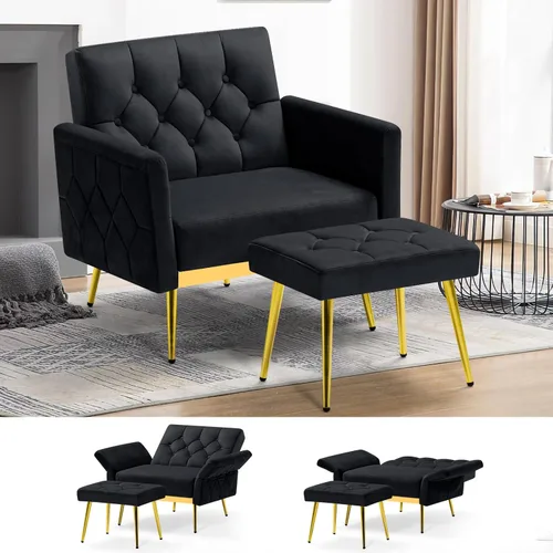 Silla decorativa de terciopelo con reposabrazos y respaldos ajustables, sofá individual copetudo con otomana, silla de lectura tapizada para sala de