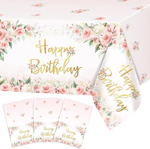 Avezano 3 piezas de decoración de fiesta de oro rosa, manteles florales de feliz cumpleaños para niñas y mujeres, suministros de fiesta de