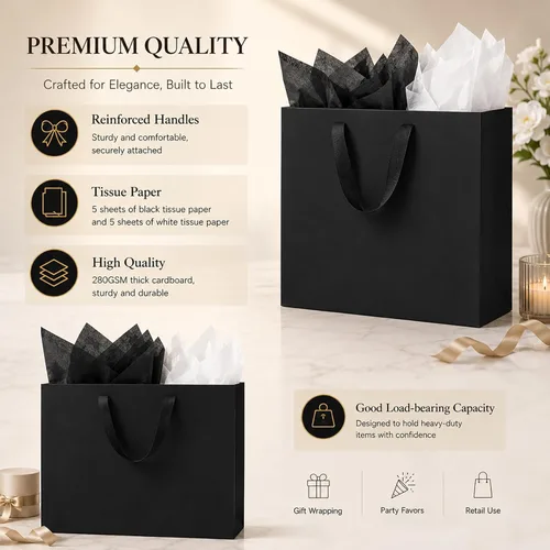 Miniatura 2 de Offizon 12 bolsas de regalo negras, bolsas de regalo con papel de seda