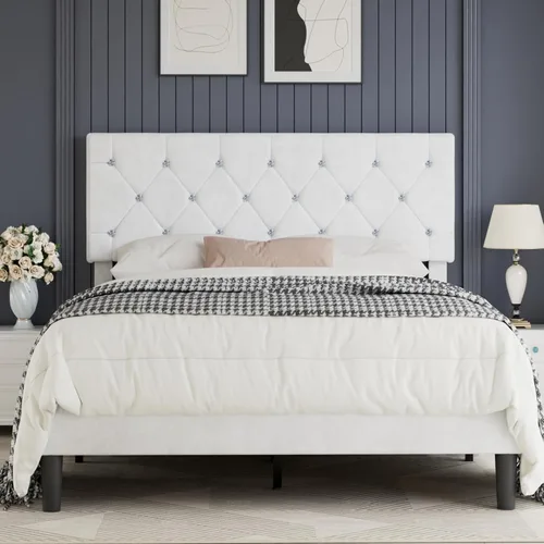 Miniatura 17 de VECELO Base de cama de tamaño individual, plataforma tapizada con cabecera ajustable de diamante, soporte de listones de madera, no necesita somier