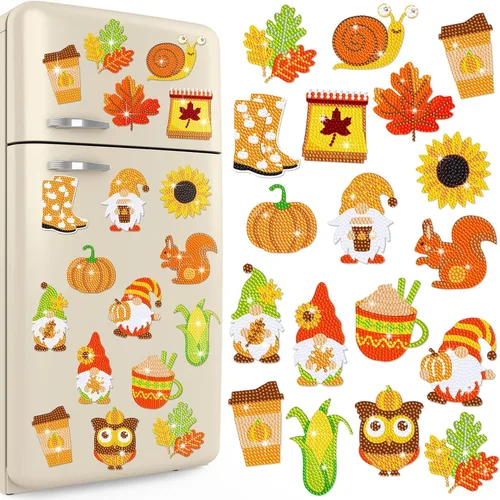 Umigy 16 imanes de arte de diamantes de otoño para refrigerador, hojas de calabaza, girasol, Acción de Gracias, pintura de diamantes, kits de gemas