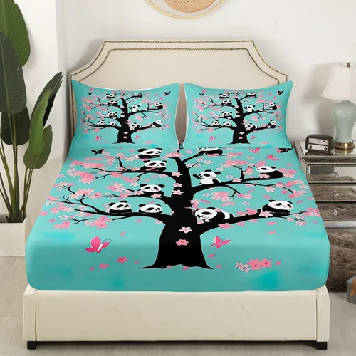 Miniatura 3 de Erosebridal Juego de sábanas de panda de dibujos animados, tamaño individual, sábanas de flores de cerezo para niñas, niños, ramas de cerezo