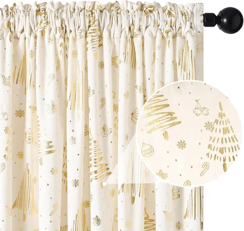 Topfinel Cortinas de Navidad color blanco crema para sala de estar de 90 pulgadas de largo, lámina dorada con patrón de árbol de Navidad Grinch,