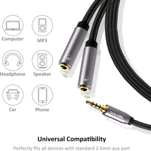 Miniatura 4 de DUKABEL Divisor de auriculares, resistente trenzado y chapado en oro de 0.138 in de audio estéreo en Y, cable divisor en Y de 4 polos macho a 2
