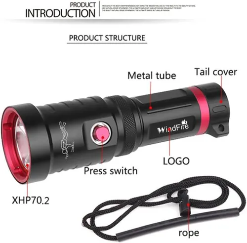 Miniatura 6 de WINDFIRE Linterna de buceo, 5000 lúmenes, luz de buceo súper brillante, 3 modos, IPX8 impermeable, linterna subacuática, linterna de buceo