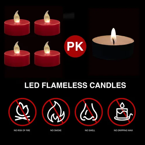 Miniatura 6 de Velas de té sin llama, velas operadas con pilas, paquete de 100 velas votivas parpadeantes LED rojas de larga duración, 200 horas, realistas y Rojo