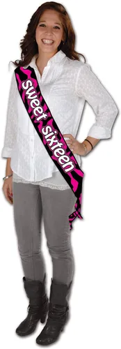 Beistle Sweet Sixteen - Banda de satén – Magenta y negro para cumpleaños para adolescentes – Talla única para la mayoría de adultos con parte