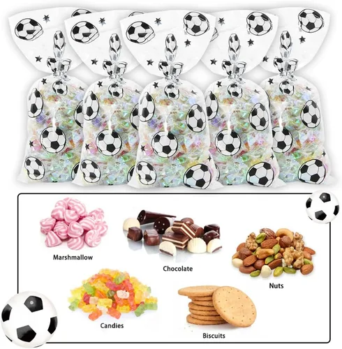 Miniatura 4 de 100 bolsas de golosinas de fútbol, bolsas de golosinas de fútbol, bolsas transparentes para violonchelo con lazos giratorios plateados, suministros