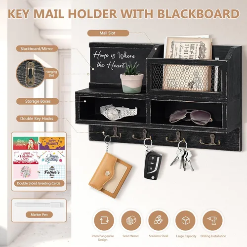 Miniatura 4 de Soporte de pared para llaves, correo de madera y organizador de llaves con pizarra y espejo, 3 tarjetas de felicitación, 8 ganchos, color negro