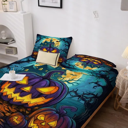 Miniatura 4 de Sábanas de Halloween tamaño individual – Juego de sábanas espeluznantes de calabaza murciélago para niños y niñas, juego de sábanas temáticas