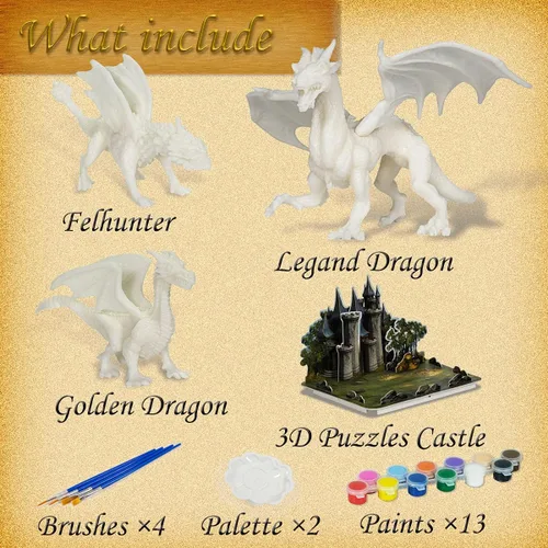 Miniatura 2 de Juego de manualidades para niños, kit de pintura de juguetes de dragón con 3 figuras de dragones y castillo de rompecabezas 3D, el mejor regalo