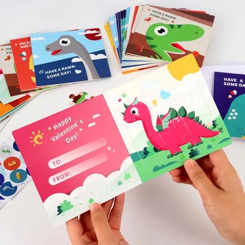 Miniatura 6 de Rompecabezas del día de San Valentín para niños, paquete de 27 tarjetas de rompecabezas de dinosaurio con sobres y calcomanías a granel