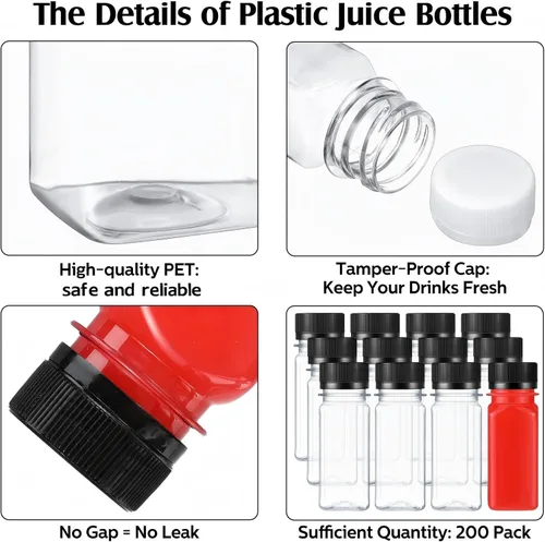Miniatura 3 de Sliner 200 botellas pequeñas de plástico para jugo de 2 onzas, botella de jugo de jengibre con tapas, recipiente para bebidas transparentes