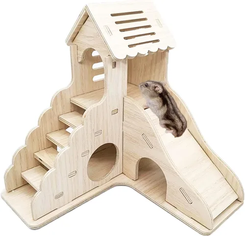 Accesorios de jaula de escondite para hámster Sirvarni - Casa y hábitat de hámster en madera con cabaña oculta, escalera para escalar y tobogán para