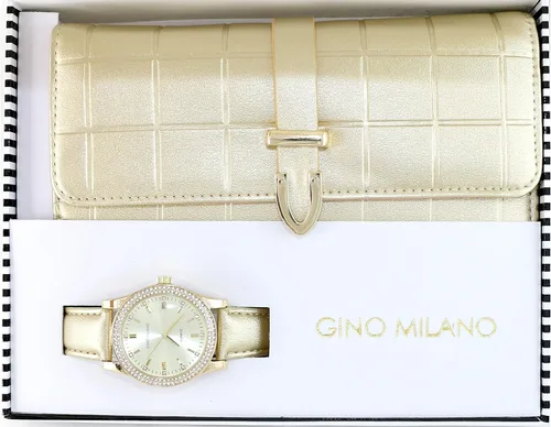 Miniatura 4 de Reloj de pulsera de cuero dorado para mujer y cartera de tres pliegues a juego