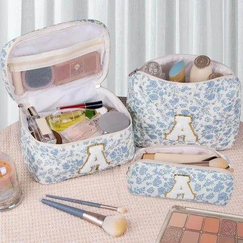 Miniatura 4 de Set de Bolso de Maquillaje Inicial Junesters, Bolso de Maquillaje Acolchado Personalizado, Bolso de Cosméticos Floral Grande para Mujeres, Bonitos