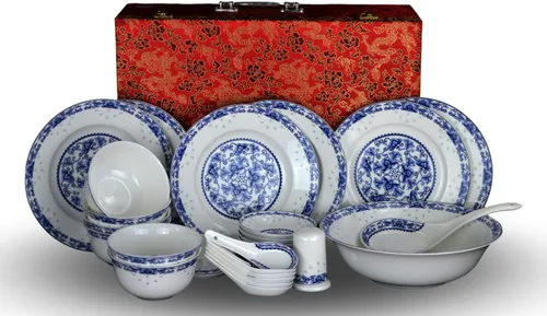 Miniatura 2 de Juego de vajilla azul y blanco de porcelana de hueso de 28 piezas para 6 cuencos de arroz Jingdezhen, (loto azul)