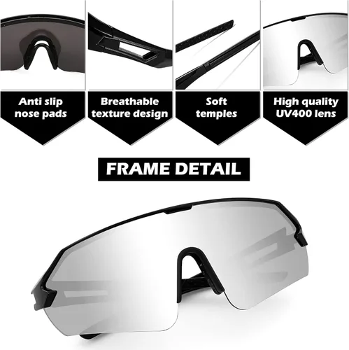 Miniatura 3 de FEISEDY Gafas de sol deportivas para hombres y mujeres, protección UV400 al aire libre, ciclismo, conducción, pesca, B2987 004 Negro Lente Espejo