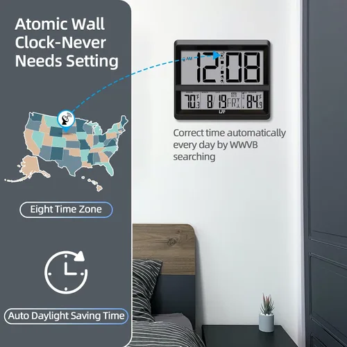 Miniatura 6 de LFF Reloj atómico de pantalla grande, reloj de pared digital con temperatura y fecha para interiores y exteriores, sensor inalámbrico para Negro