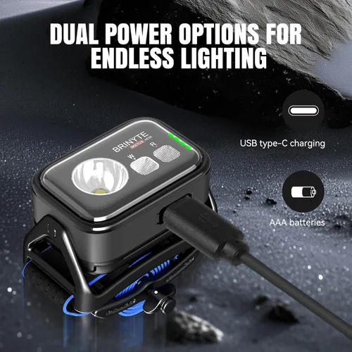 Miniatura 5 de Brinyte HC01 - Linterna frontal recargable de 1000 lúmenes USB-C de doble potencia LED con luz roja AAA de respaldo, luz ligera para casco duro