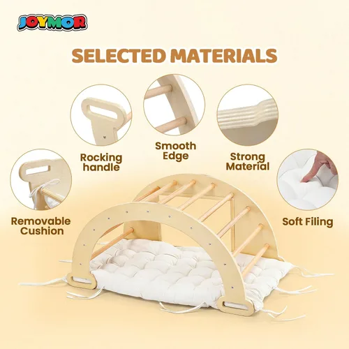 Miniatura 9 de JOYMOR Arco de escalador triangular Pikler 5 en 1 con cojín, mesa sensorial para niños, juguetes de escalada en madera montessori para niños
