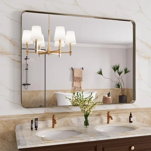 Miniatura 24 de JISOSO - Espejo de baño de 24x36 pulgadas con marco de metal cepillado color níquel, espejo con marco de metal cepillado plateado para pared, espejo