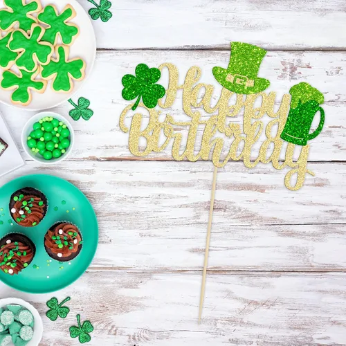 Miniatura 4 de Gyufise 1 decoración para pastel del día de San Patricio, trébol verde con purpurina de cuatro hojas, decoración de pastel de cumpleaños, decoración